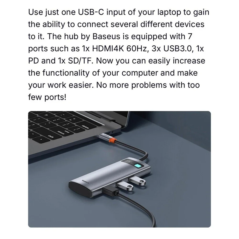 Hub 7in1 Baseus Gleam, USB-C to 1x HDMI4K 60Hz 3x USB3.0 1x PD 1x SD/TF (gray)